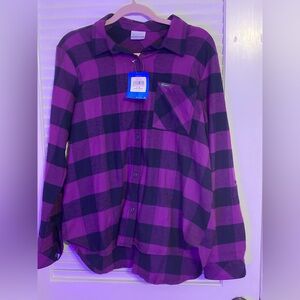 NWT Columbia Button Shirt Clemson Purple Plaid Flannel Paw Logo Womens Size L
